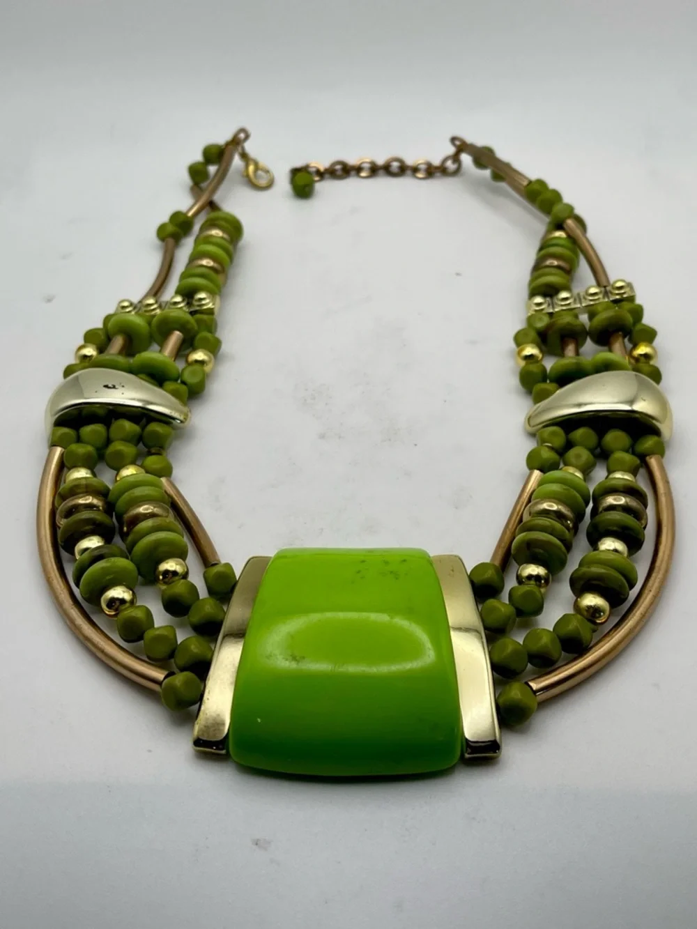 Vibrant Lime Green and Polished Gold Tone Multi Strand Statement Bib Necklace - Picture 9 of 15
